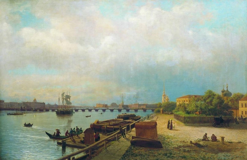 Лагорио л.ф. вид на неву и петровскую набережную с домиком петра i. 1859